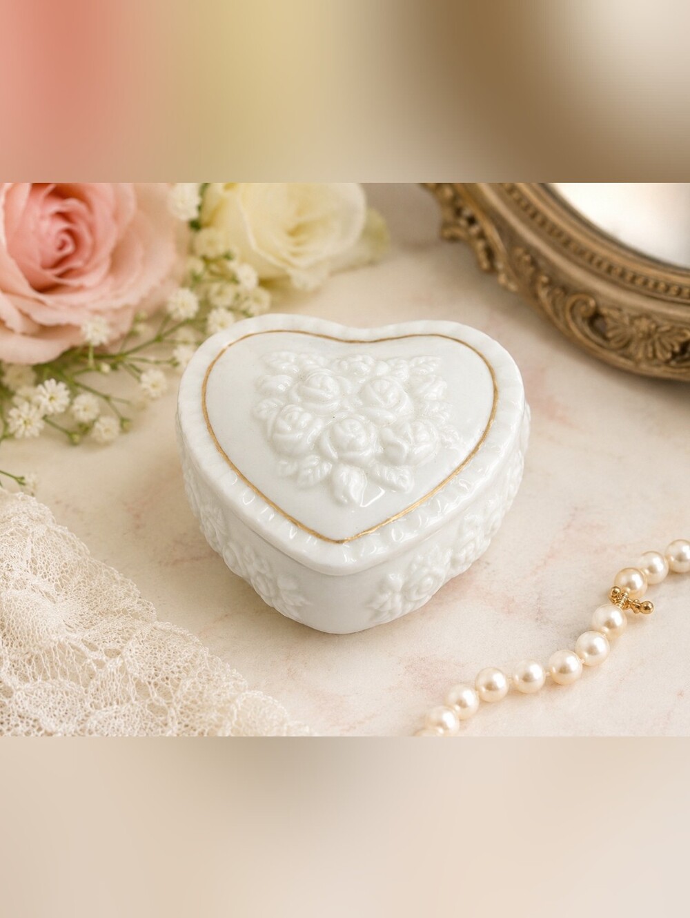 Vintage White Porcelain Heart Shaped Trinket Box Rose Floral Design Gold Trim